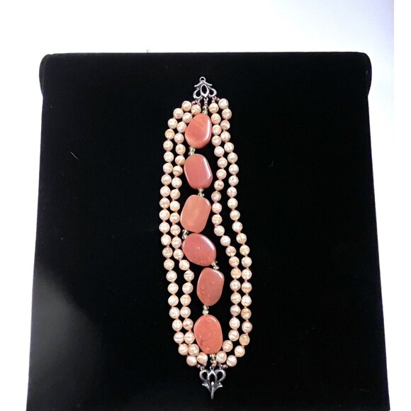 Vintage Victorian Revival Coral Agate Beaded Bracelet Chunky - Picture 12 of 12